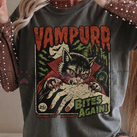 Comfort Colors® Vampurr Bites Again T-Shirt - Retro Halloween Cat Graphic Tee