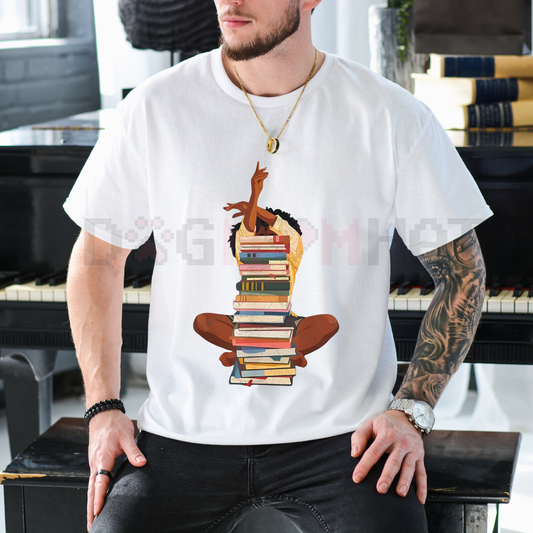 Black Woman And Books Stack Afro Girl Book Lover T-Shirt – Unisex Reading Graphic Tee