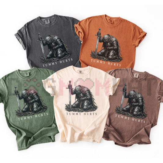 Tummy Hurts Knight Funny Dark Fantasy Graphic T-Shirt