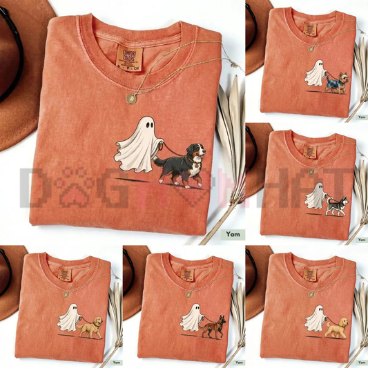 Comfort Colors Ghost Walking Dog Halloween T-Shirt - Cute Personalized Dog Lover Tee