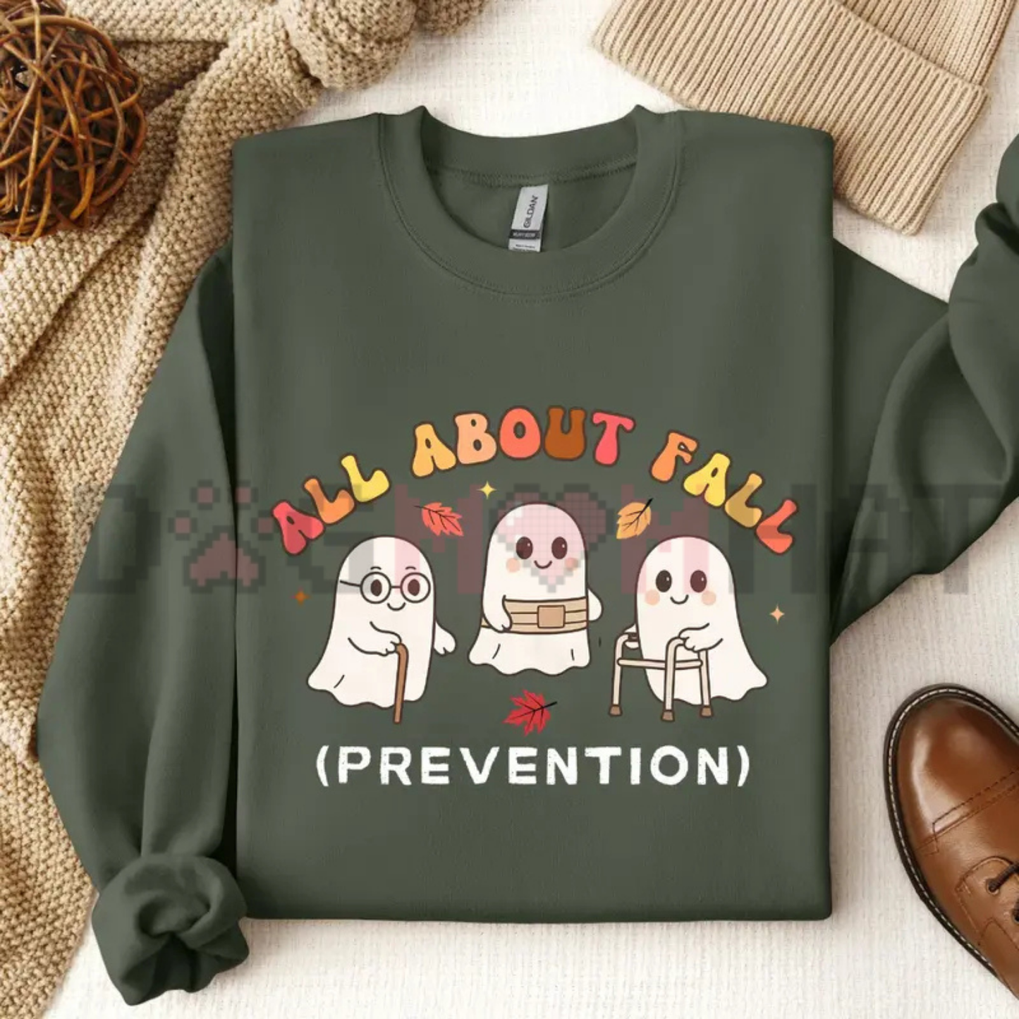 "All About Fall Prevention" Cute Halloween Ghost Sweatshirt & T-Shirt - Funny Nursing & OT Fall Safety Top
