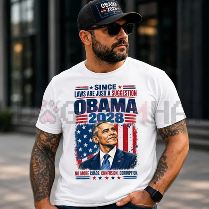 Funny Obama 2028 Political Print T-Shirt - Humorous Campaign Satire Tee
