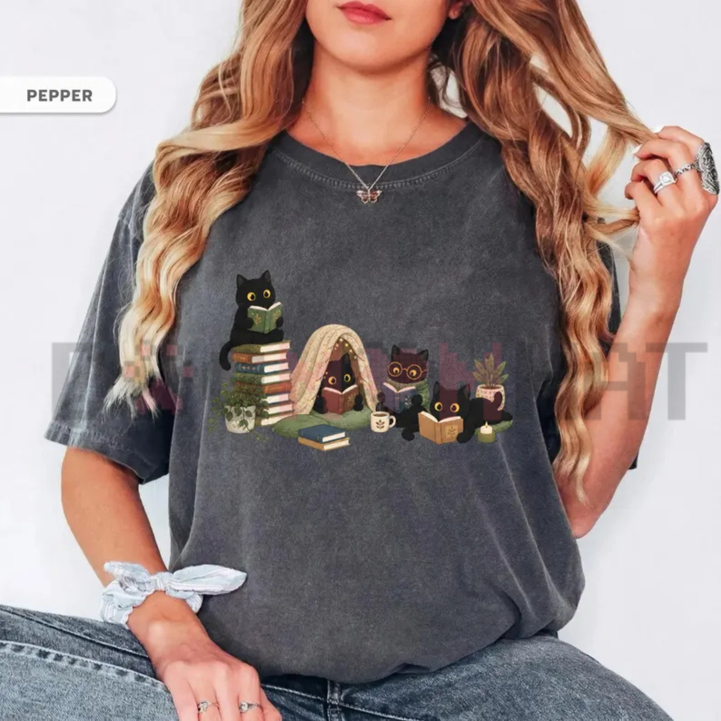 Black Cat Reading Book T-Shirt - Cozy Bookish Reader & Cat Mom Graphic Tee