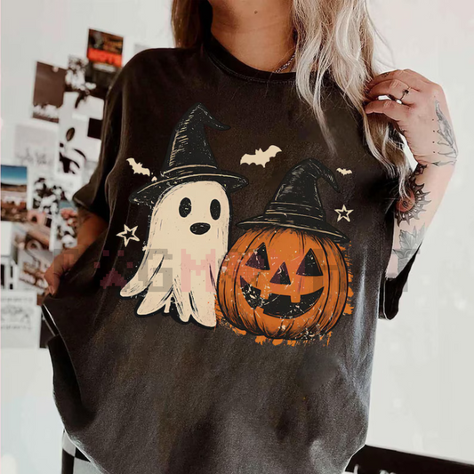 Cozy Floral Patchwork Ghost Shirt – Vintage Spooky Aesthetic Tee