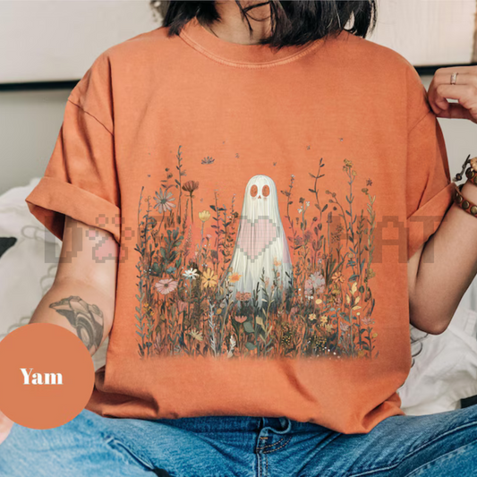 Comfort Colors® Cute Ghost in Wildflowers Shirt – Spooky Fall Aesthetic Floral Halloween Tee, Cozy Ghostcore Gift