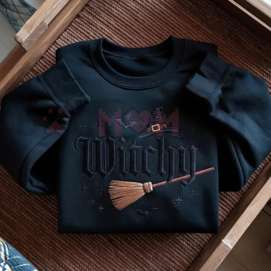 Midnight Broomstick Embroidered Witchy Sweatshirt - Vintage Halloween Bat & Floral Crewneck Pullover
