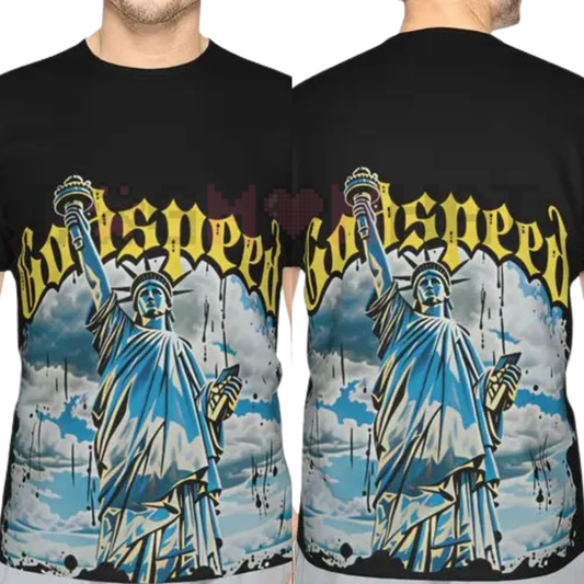 Liberty Speed Urban Oversized Heavyweight Tee - Retro Statue of Liberty Graphic Streetwear Shirt