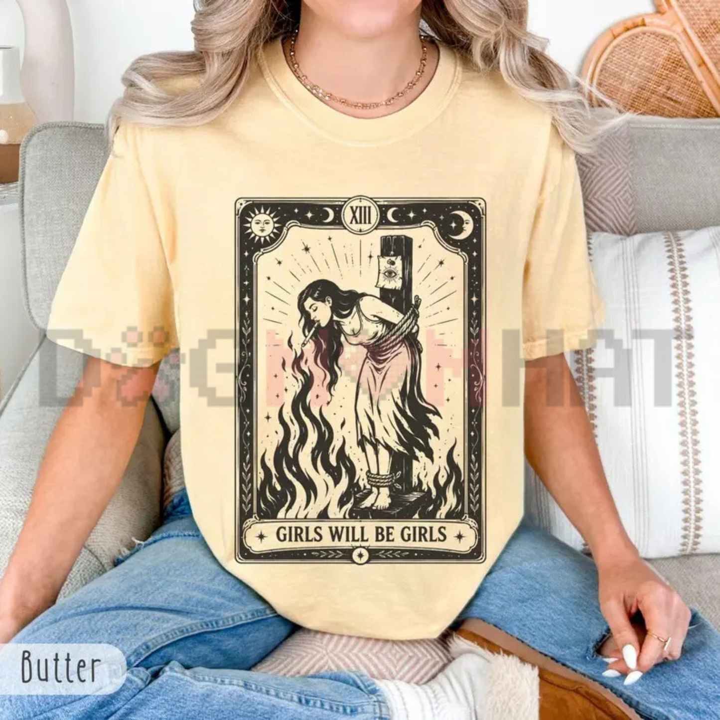 Comfort Colors Girls Will Be Girls Witch Graphic T-Shirt - Feminist Halloween & Cigarette Art Tee