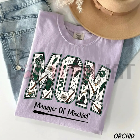 Manager Of Mischief Wizard Mom Graphic Tee - Vintage Magical Fantasy Soft Cotton Unisex Halloween Family Gift T-Shirt