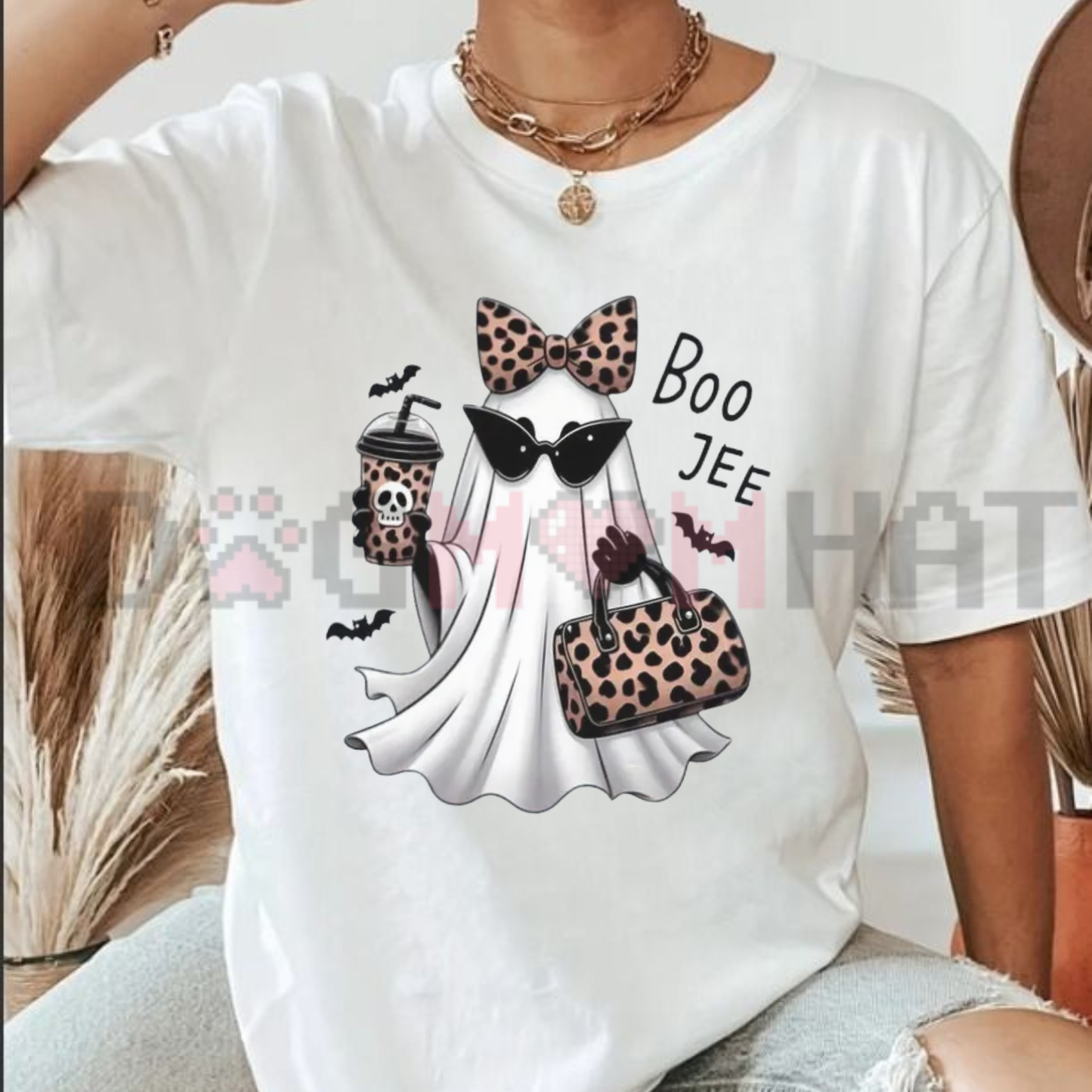 Boo-Jee Ghost Latte Graphic Tee - Leopard Print Coffee Pure Cotton Girly Halloween T-Shirt