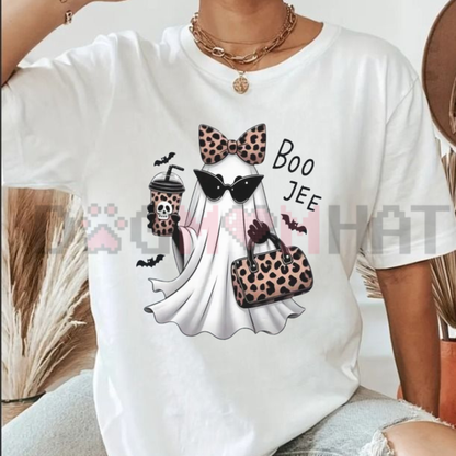 Boo-Jee Ghost Latte Graphic Tee - Leopard Print Coffee Pure Cotton Girly Halloween T-Shirt