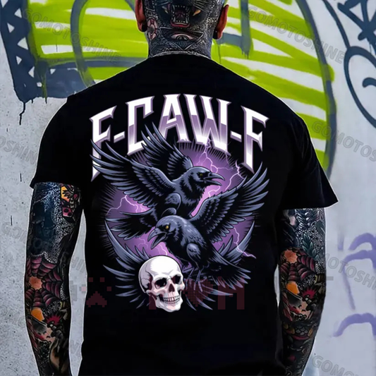 F*CK OFF Crow And Skull Print Men's T-shirt – Summer Medium Length Plain Beige Menswear Tops