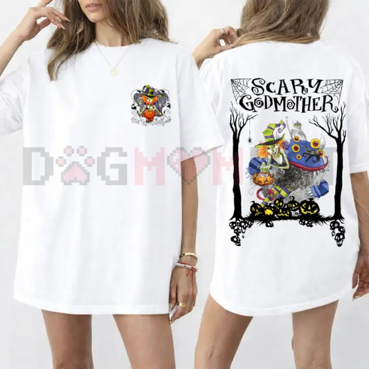Spooky Realm Halloween Front & Back Graphic Tee - Nostalgic Cartoon Witch & Pumpkin Cotton Shirt