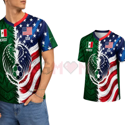 Split Mexico Green Tribal & US Stars Stripes Athletic Shirt