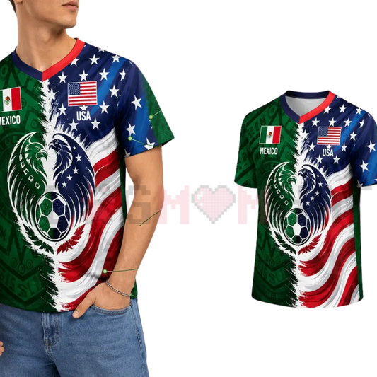 Split Mexico Green Tribal & US Stars Stripes Athletic Shirt