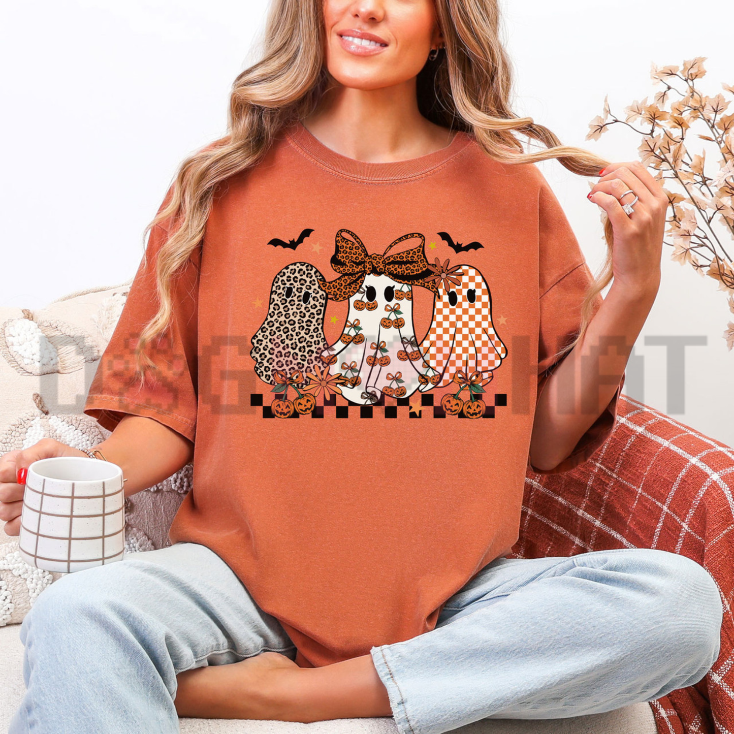 Coquette Leopard Checkered Ghost Graphic Tee - Retro Spooky Season Cute Halloween Vintage Cotton Unisex T-Shirt