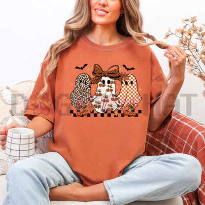 Coquette Leopard Checkered Ghost Graphic Tee - Retro Spooky Season Cute Halloween Vintage Cotton Unisex T-Shirt