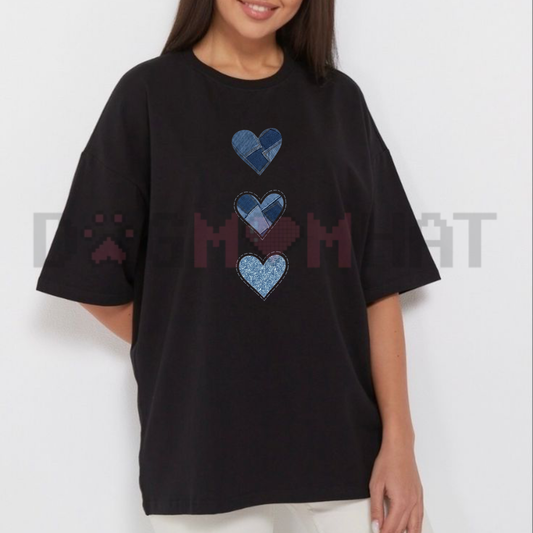 Denim Heart Patchwork Graphic Tee - Cute Casual Summer Streetwear Top for Women