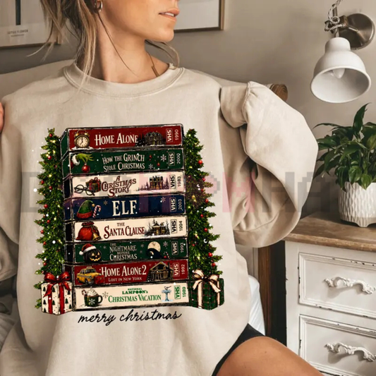 Retro Holiday VHS Tapes Graphic Sweatshirt - Vintage Christmas Movie Night Cotton Blend Unisex Crewneck Pullover