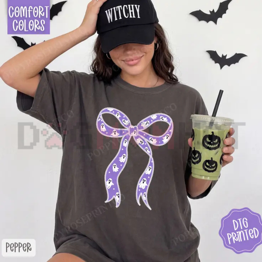 Lavender Bow Ghoul Vintage Comfort Colors Tee - Cute Purple Halloween Coquette Ghost Graphic Cotton Shirt
