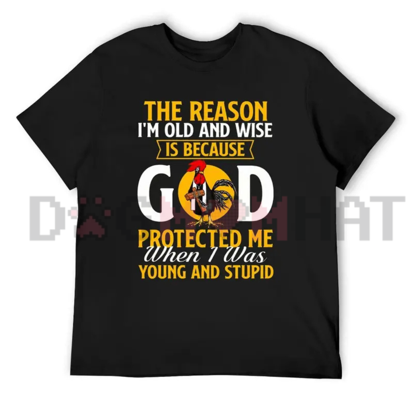 "God Protected Me" Christian Faith Humor T-Shirt - Old & Wise Quote Black Cotton Blend Top