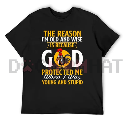 "God Protected Me" Christian Faith Humor T-Shirt - Old & Wise Quote Black Cotton Blend Top