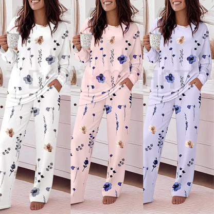 ChicMe Women's Floral Print Round Neck Long Sleeve Top and Casual Floral Pants Sets With Pockets