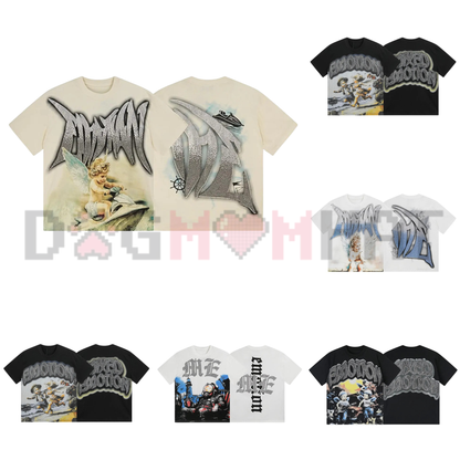 Mixed Emotion Diamond Angel Graphic Tee - Vintage Washed Cotton Unisex Y2K Hip Hop Oversized Streetwear T-Shirt