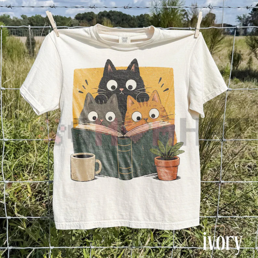 Retro Curious Reading Cats Graphic Tee - Comfort Colors® Cottagecore Book Lover Top