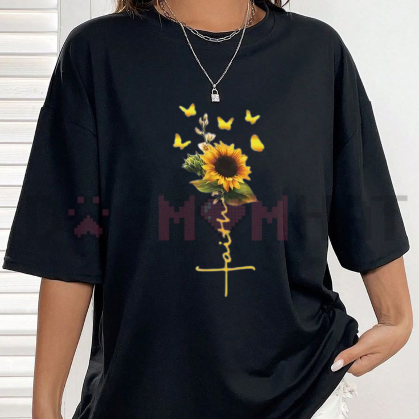 Sunflower Faith Cross T-Shirt - Yellow Butterflies Christian Unisex Cotton Graphic Tee