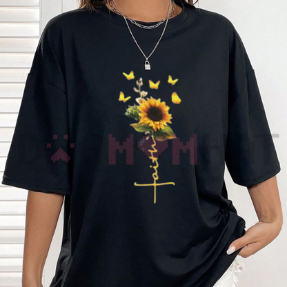 Sunflower Faith Cross T-Shirt - Yellow Butterflies Christian Unisex Cotton Graphic Tee