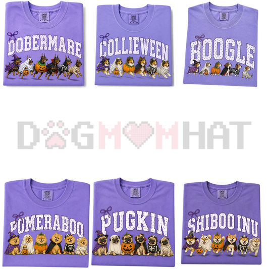 Howl-o-Ween K9 Coven Graphic Tee - Spooky Witch Dog Breeds Unisex Pure Cotton Pumpkin Season Shirt