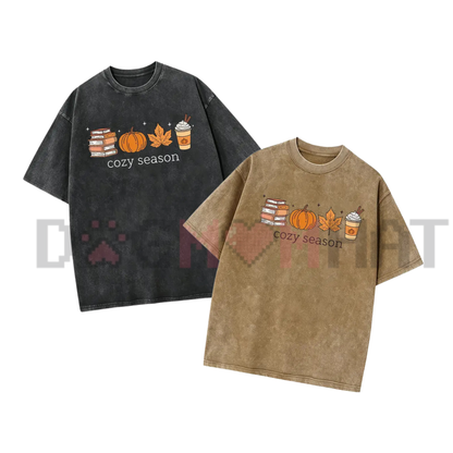 Comfort Colors® Cozy Season Fall Graphic T-Shirt - Books, Pumpkins & Autumn Latte Tee