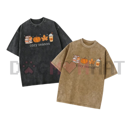 Comfort Colors® Cozy Season Fall Graphic T-Shirt - Books, Pumpkins & Autumn Latte Tee
