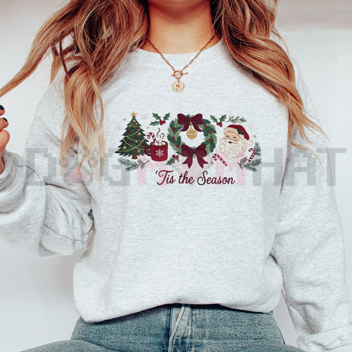 Festive Friction Sweatshirt – Christmas Gingham "Tis The Season" Embroidered Holiday Graphic Crewneck