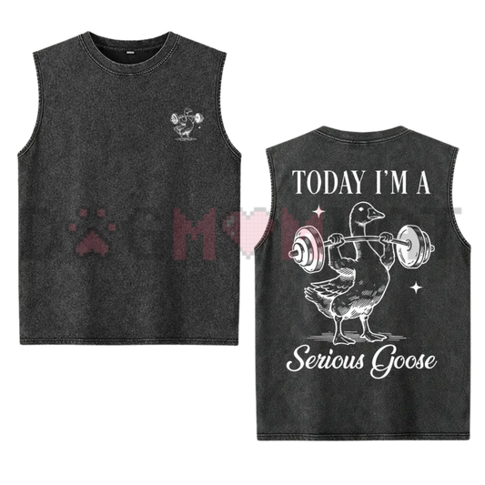 "Funny Serious Goose" Gym Tank Top - Vintage Washed Workout Muscle Vest