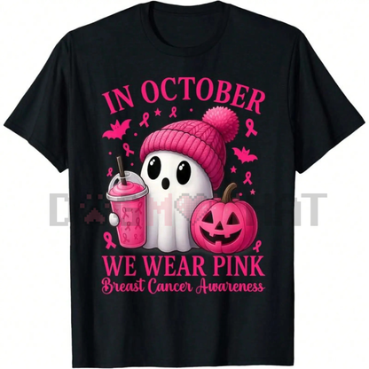 "In October We Wear Pink Breast" Cancer Awareness Tee – Cute Ghost & Pumpkin Graphic Print Shirt, Unisex Halloween Tops