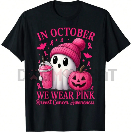 "In October We Wear Pink Breast" Cancer Awareness Tee – Cute Ghost & Pumpkin Graphic Print Shirt, Unisex Halloween Tops