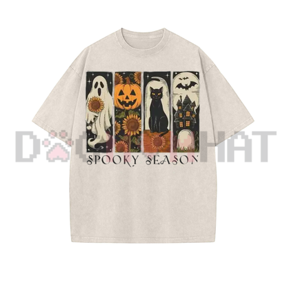 Spooky Season Four Panel Halloween Graphic Tee - Vintage Washed Black Soft Cotton Unisex Oversized Gothic Streetwear T-Shirt