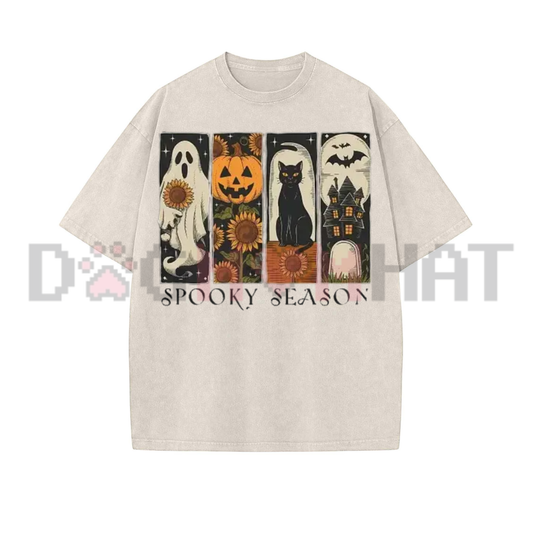 Spooky Season Four Panel Halloween Graphic Tee - Vintage Washed Black Soft Cotton Unisex Oversized Gothic Streetwear T-Shirt