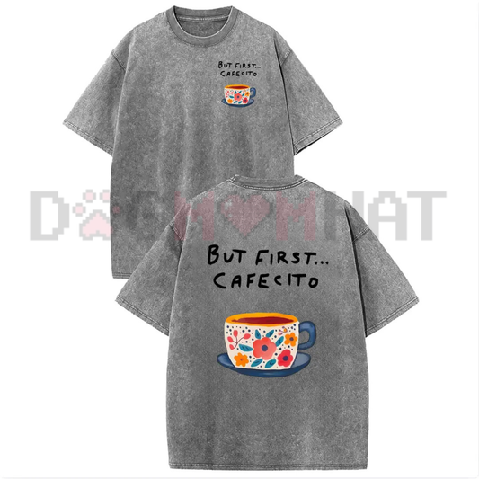 Thanksgiving Espresso Glow Vintage Acid Wash Tee - Casual Coffee Graphic Drop Shoulder Unisex Streetwear Shirt