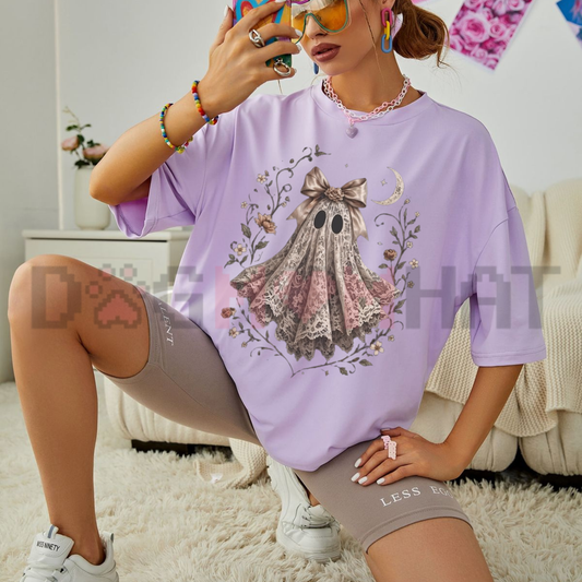 Comfort Colors Lace Ghost Halloween Graphic Tee - Vintage Garment Dyed Soft Cotton Unisex Spooky Season Aesthetic T-Shirt