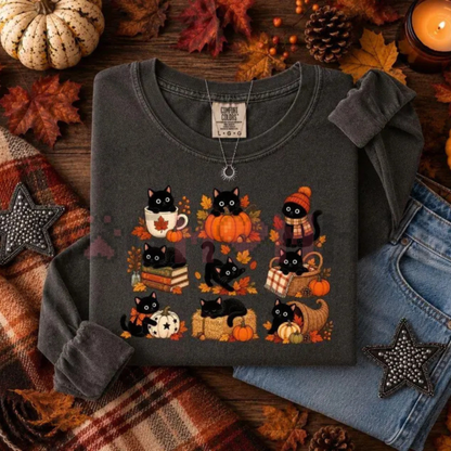 Comfort Colors® Black Cat Fall T-Shirt - Cozy Autumn Pumpkin Kitty Apparel