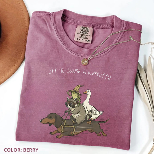 Kerfuffle Crew T-Shirt – Funny Chaos Raccoon, Goose, Frog & Wiener Dog Tee