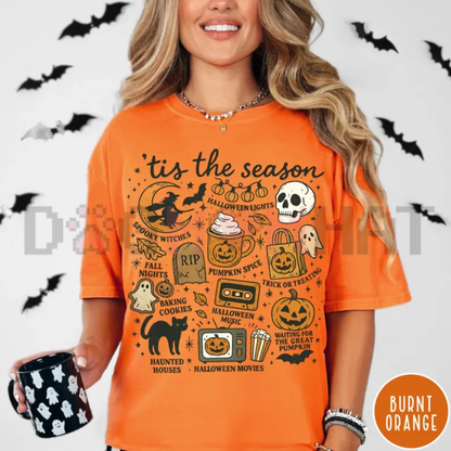 Tis The Season Pumpkin Witch Graphic Tee - Retro Vintage Halloween Soft Cotton Unisex Spooky Season Fall Aesthetic T-Shirt