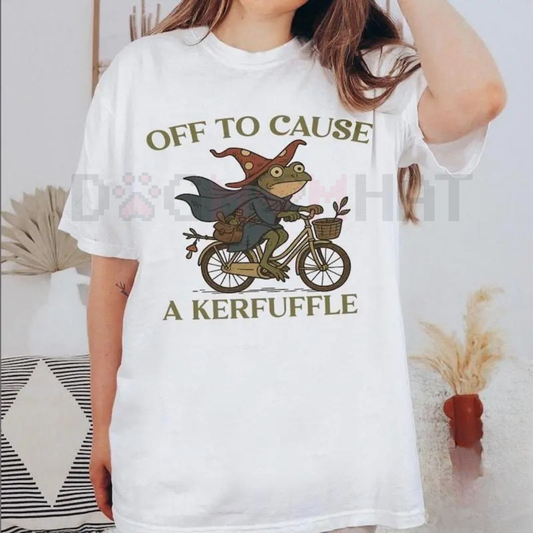 "Off to Cause a Kerfuffle" Defiant Frog Tee – Existential Humor Slogan Shirt