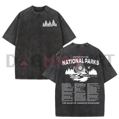 National Parks Gothic Vintage Washed Graphic Tee - Heavyweight Acid Wash Cotton Unisex Grunge Streetwear Oversized T-Shirt