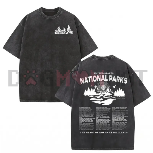 National Parks Gothic Vintage Washed Graphic Tee - Heavyweight Acid Wash Cotton Unisex Grunge Streetwear Oversized T-Shirt