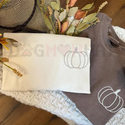 Pumpkin Outline Embroidered Comfort Colors Tee – Simple Minimal Fall Crewneck T-Shirt