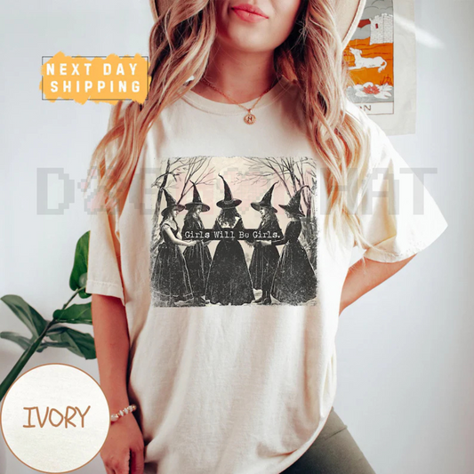 Vintage "Girls Will Be Girls" Witch Comfort Colors Shirt – Funny Halloween Women's Tee, Witchy Vibes Top